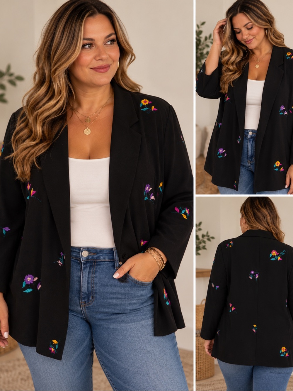 Embroidered Floral Black Blazer Jacket - Unbranded